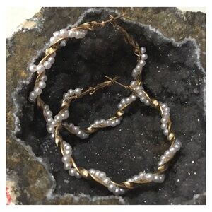 Shiny Twisted Gold Pearl Hoops